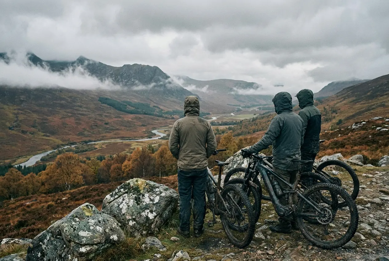Three riders with e-bikes overlooking a mountain valley