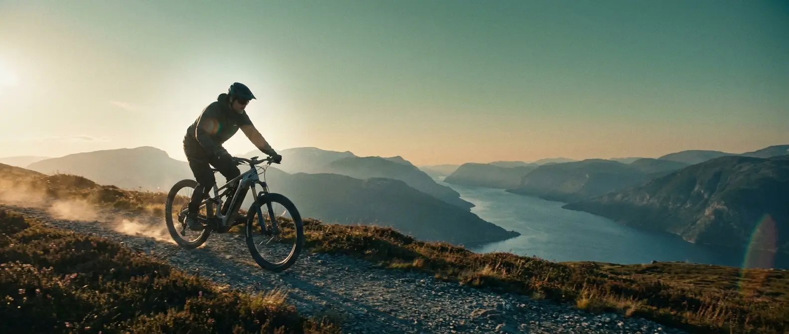 An e-bike rider on a gravel road above a Norwegian fjord
