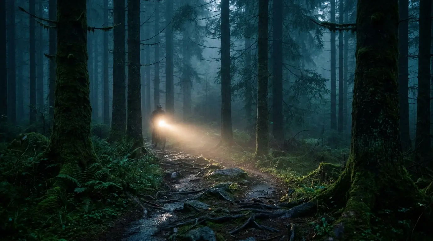 An e-bike light illuminating a forest trail at dusk
