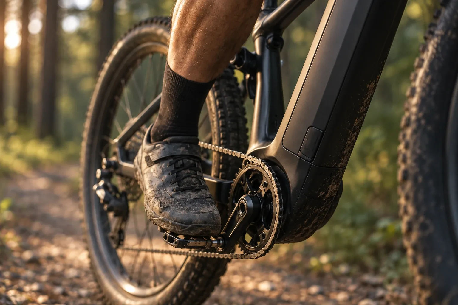 A cyclist pressing down on the pedal of an e-bike